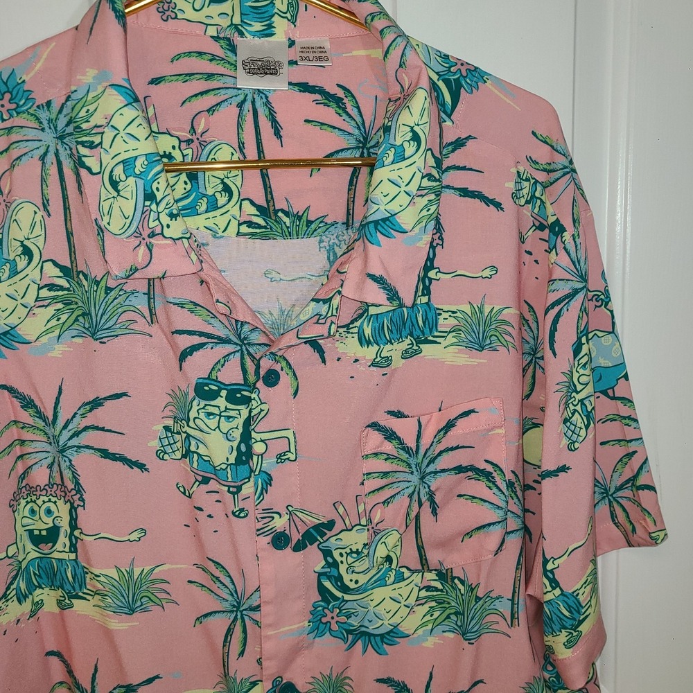 SpongeBob SquarePants Sandy Patrick Mens 3XL Pink Hawaiian Button Up Shirt FUN!